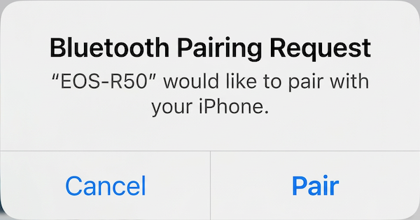 Bluetooth pairing request dialog for EOS M50 on smartphone