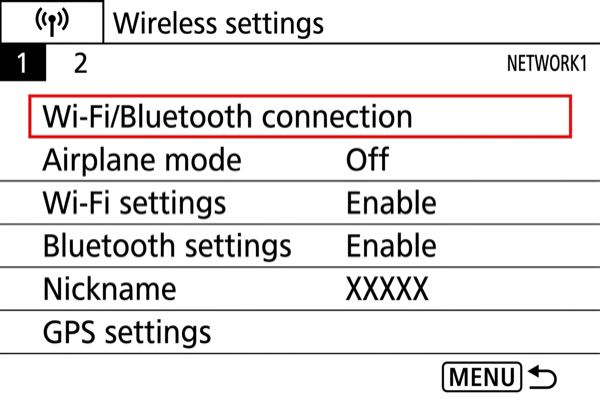 EOS R100 wireless settings menu