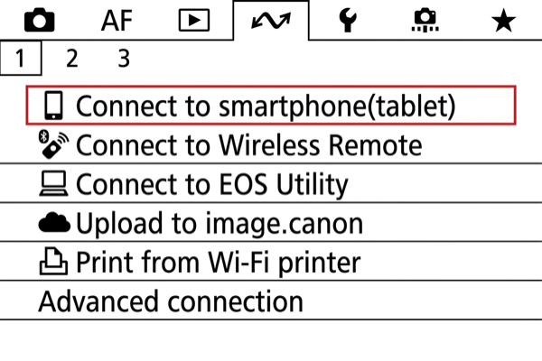 EOS R50 menu with Connect to smartphone option highlighted