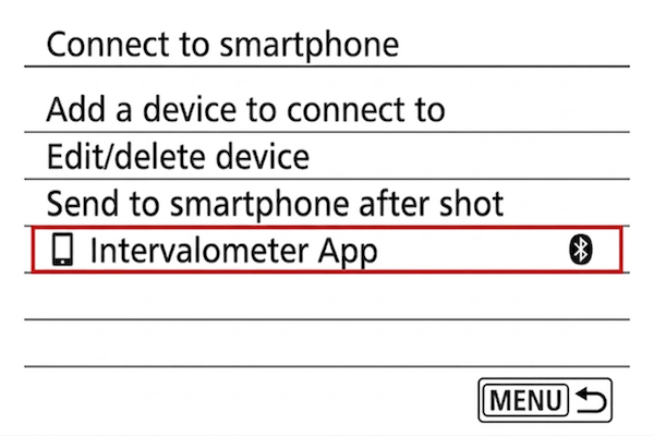 EOS R6 Mark II screen listing the connected smartphone