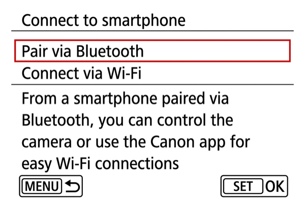 EOS R7 screen showing Pair via Bluetooth and Connect via Wi-Fi options