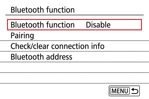 Bluetooth function sub-menu on EOS RP