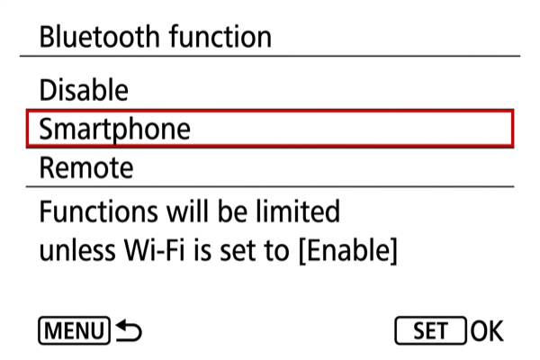 Smartphone option selected on EOS RP
