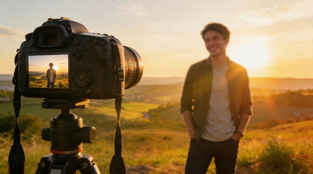 DSLR camera on a tripod with a smiling person standing in the frame at sunset, captured hands-free using an intervalometer