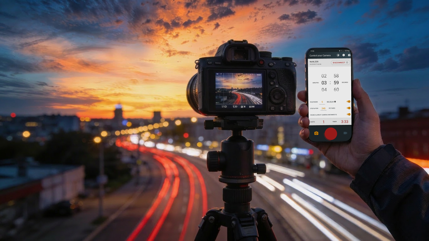 DSLR camera on a tripod shooting a city timelapse at sunset, with the Intervalometer app shown on a smartphone